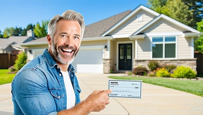 Illustration of a happy homeowner receiving a check with a clean and welcoming rental property in the background. Illustration of a happy homeowner receiving a check with a clean and welcoming rental property in the background.
